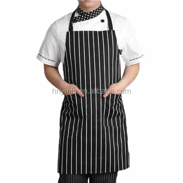 Print Logo Cotton Polyester women men Stripe bib Apron With Pockets, Durable bib Apron for Meat Food Processing
