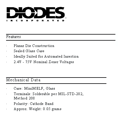 500mW Surface Mount General Purpose Rectifier Diode 2.4-75V Nominal Zener Voltage ZMM4V7