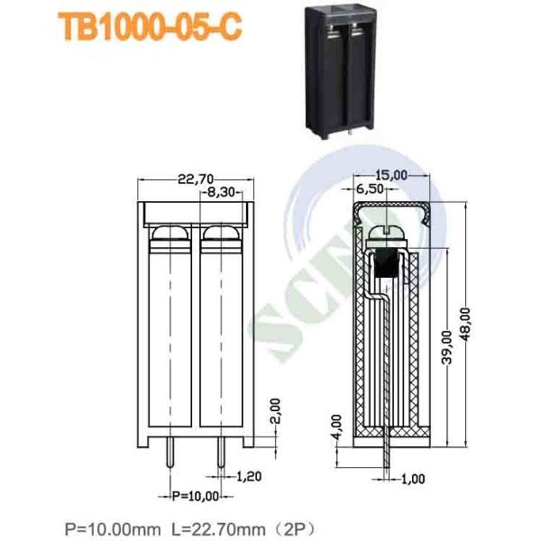 10.00mm Barrier Type Terminal Block 20A 300V Plastic Black 2 Poles