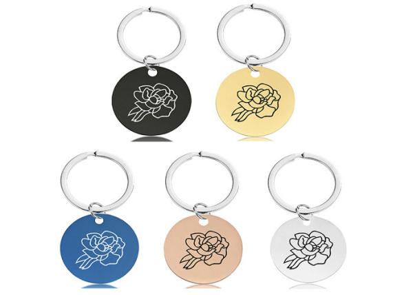 Cheap Stainless KeyKey chain pendant Month flower birthday holiday gift engraved metal key chain logo words for sale