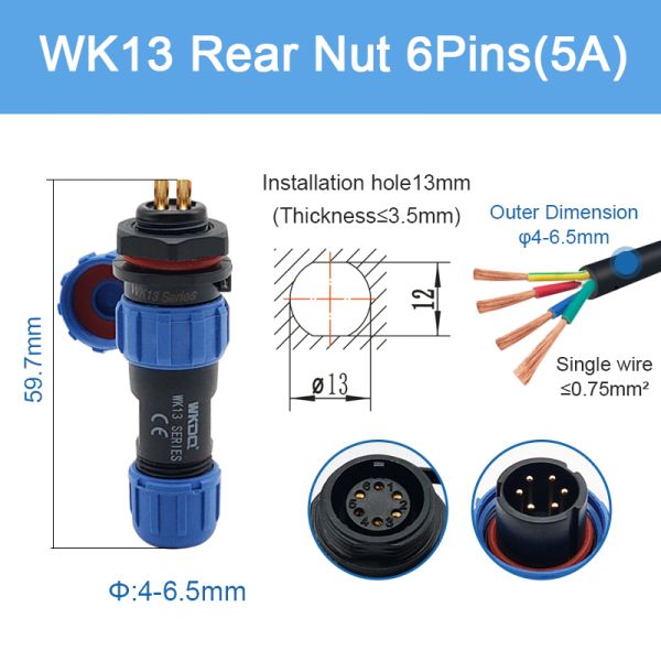 Sp Durable Waterproof Plug Socket Connector IP68 Circular Battery Cable Wk13 Rear Nut Pins