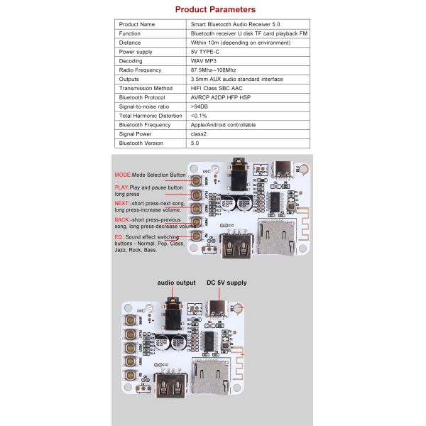 2.0 Channels Private Mold DIY Bluetooth 5.0 Audio Player Decoder Module USB Receiver Board