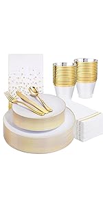 Gold Plastic Plates - Disposable Square Gold Plates Include Dinner Plates Dessert Plates Cups Plastic Cutlery