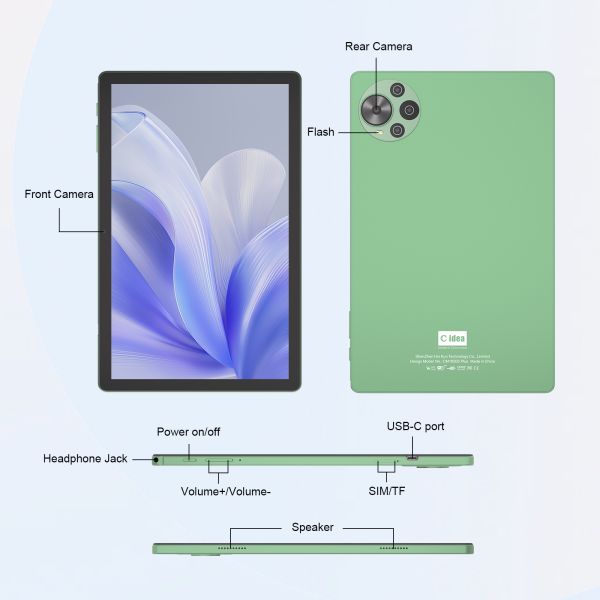 C Idea Newest 10.5 Inch Android 14 Tablet PC 2k Touch Screen Tablet with SIM CM10500 Plus green