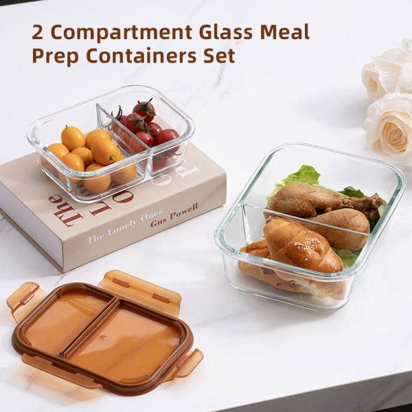 570ml 980ml 1360ml Divided Glass Food Container with Cool Lock PP Lid for Microwave Oven and Freezer