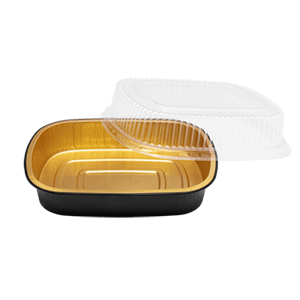 Karat 48 oz Black and Gold Aluminum Foil Take Out Pan with Clear PET Dome Lid