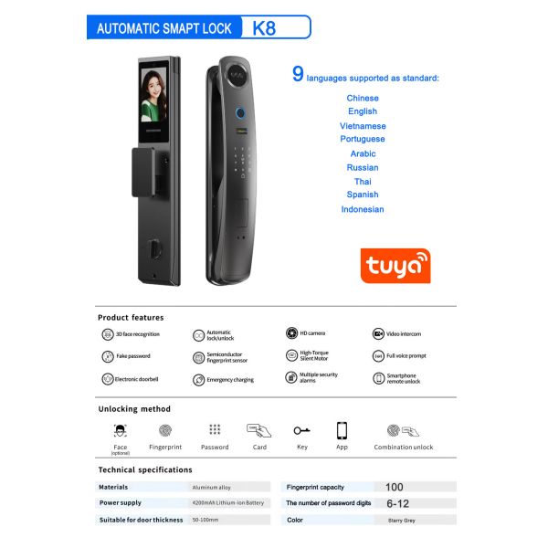 Smart Face Recognition Door Lock with Video Intercom, Fingerprint & Tuya App