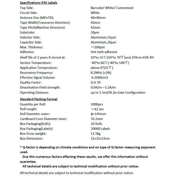 Anti Theft RF 4*4cm Soft Barcode Label Sticker Tag 8.2 MHz EAS Security Barcode Label Roll