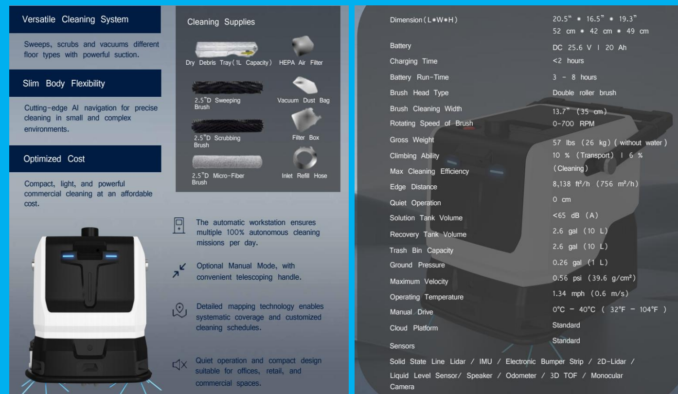 Multi-functional commercial robot vacuum and scrubber with automatic water tank refill and dirty water discharge