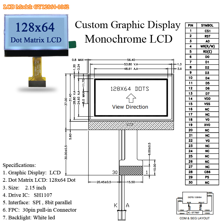 128x64 Fstn COG LCD Display Module I2c Spi St7567 26pin Screen Monochrome