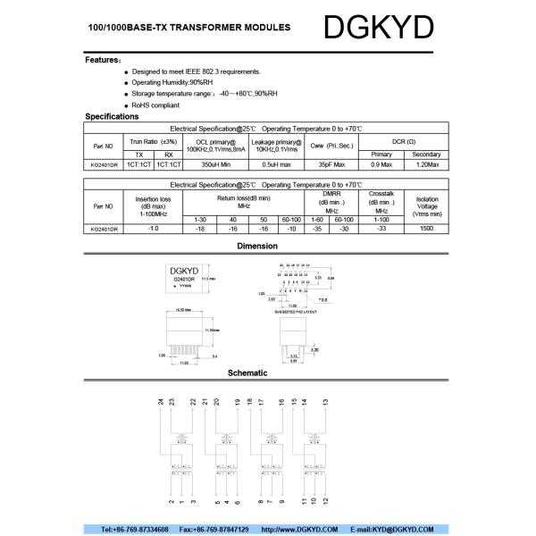 KG2401DR Dip 100/1000 Cat6 Gigabyte Ethernet Transformer Modules , 24 Pins