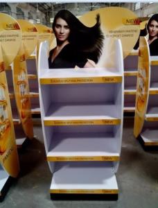 China Wood flooring movable hair care shampoo display stand on sale