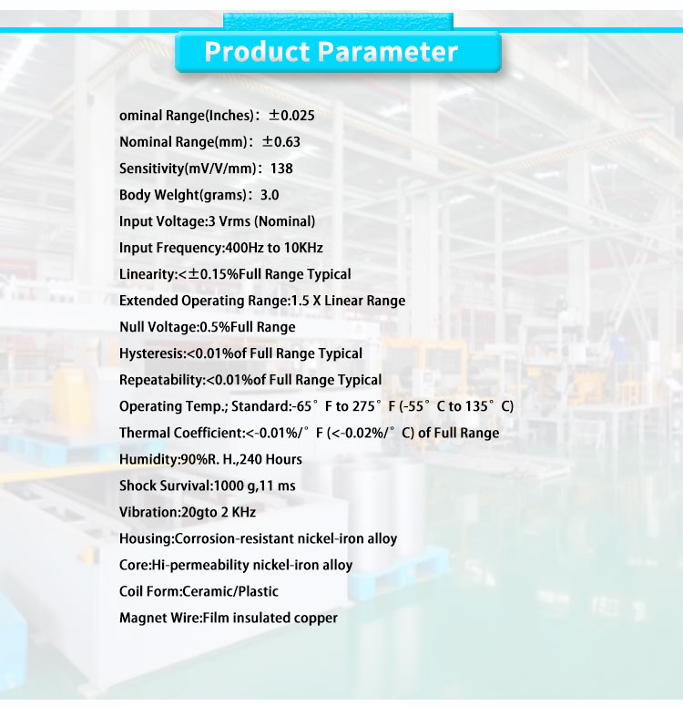 LVDT Motion Position Sensor 0.375 inch Diameter for High Temperature Applications
