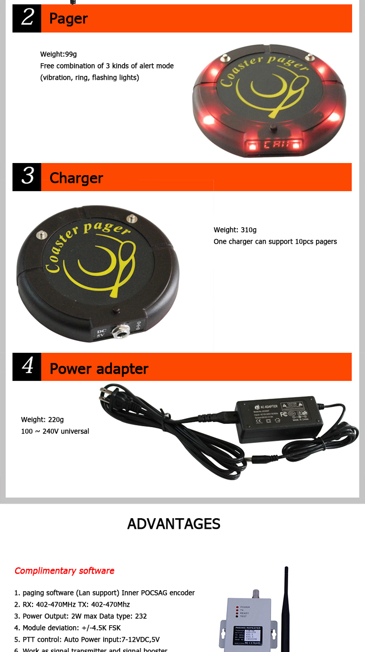 Wireless coaster pager queue call system pocsag transmitter keyboard and pager with LED display