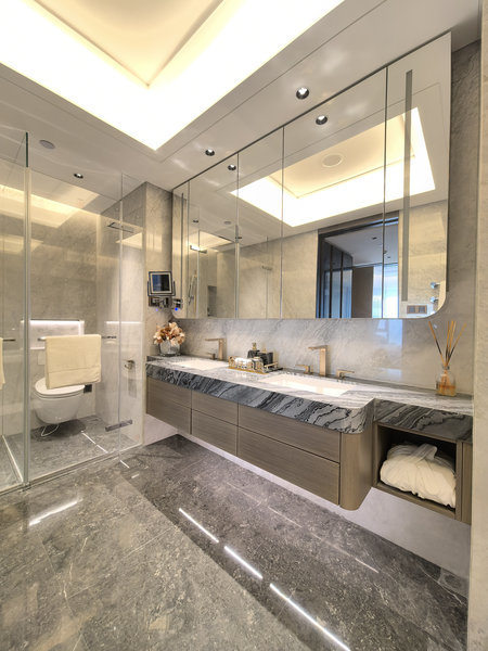 Stainless Steel Bathroom Vanity with Woodgrain Doors & Quartz Top