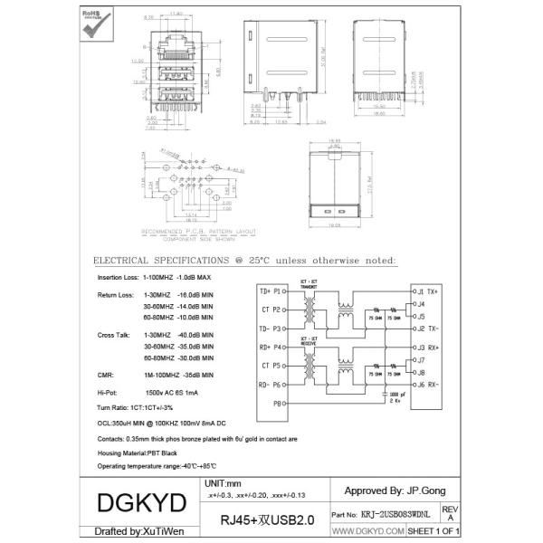 CAT 5e Magnetic RJ45 Jack With Dual Deck USB A Type Combo 2X1 RJ45 + 2 USB