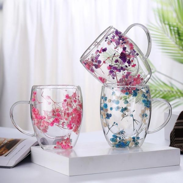 Custom LOGO Double Walled Coffee Cups Double Layer Glass Cup With Dry Flower