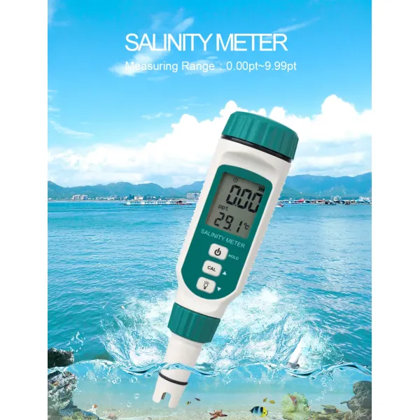 Digital Salinity Meter front view showing LCD display and probe