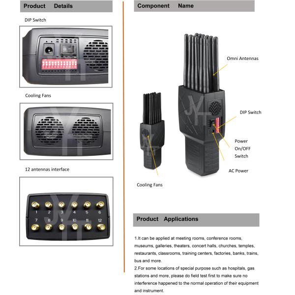 Portable 12 Antennas Full Bands All in One 2G.3G.4G.5G Cell Phone Signal Jammer GPS 2.4GWIFI.5.2G WIFI.5.8G WIFI Signal