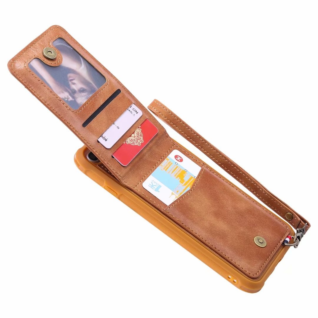 iPhone Portable Leather Phone Case with Card Holder Slot Lanyard Strap