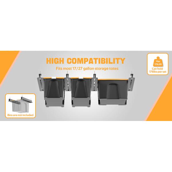 Adjustable Width Overheard Tote Storage Rail System for Garage Ceiling Bin Storage Rack