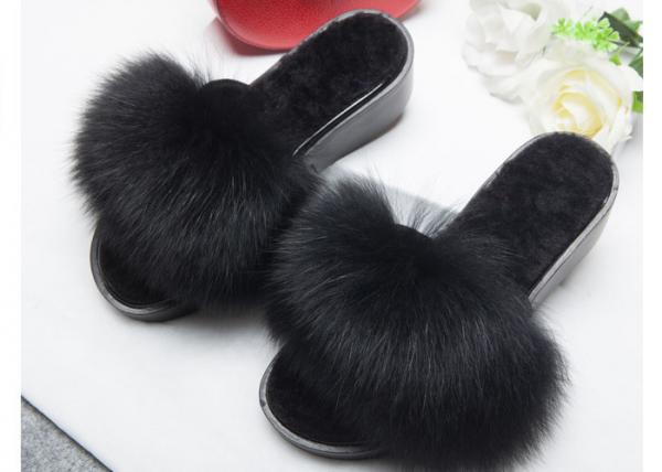 Winter Women Plush Real Fox Fur Slippers Anti Slip With EVA Rubber Sole