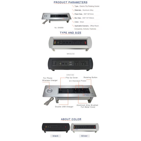 BNT Latest model power changeable motorized revole desk power data outlet aluminum alloy built in worktop