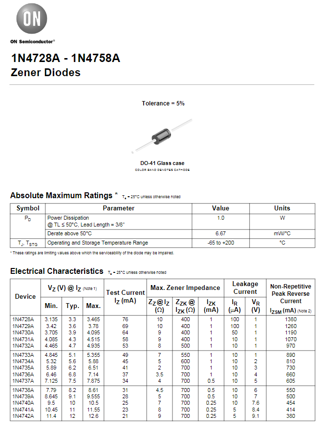 1N4749A Electronic Components Zener Diode 24 V 1 W ±5% Through Hole DO-41