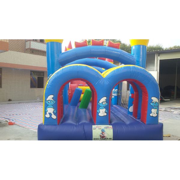 Commercial Smurfs Inflatable Obstacle Course With Slide N Digital Printing
