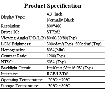 Smart Home 4.3 Inch TFT Display Module 800×480 RGB LCD Screen