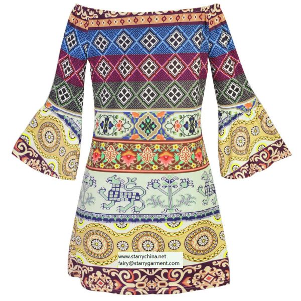 strapless short printed women dress with pattern design in puff sleeve