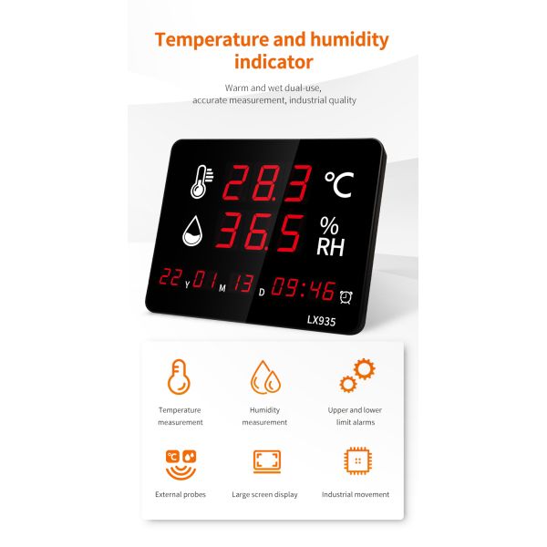 Digital Thermometer Temperature and Humidity Meter Home Clock Wall Mounted Alarm LED Display With Probe Industrial Large Screen
