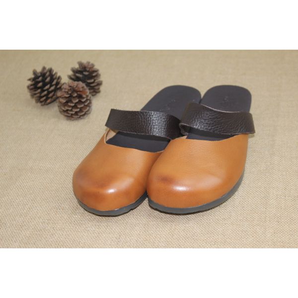Cow Grain Leather Closed Toe Slippers Slip On Sandals Genuine Leather Shoes