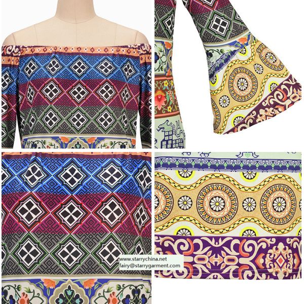 strapless short printed women dress with pattern design in puff sleeve