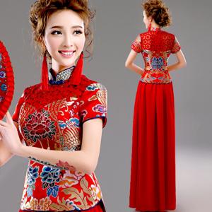 Best Chinese Style Red Lace Gorgeous Evening Dress High Blue Neck Knot Set Dress TSJY127 wholesale