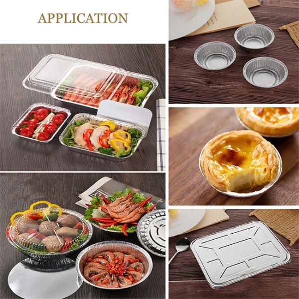 Aluminum foil lunch boxes in use for various food packaging applications