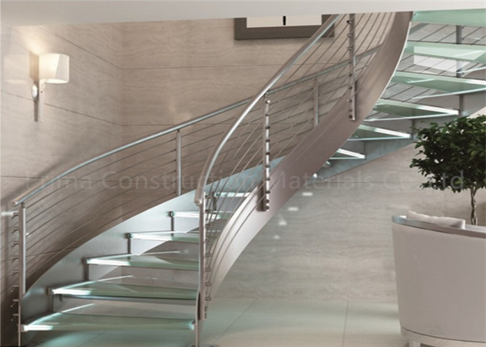 DIY Installation Building Curved Stairs With Tempered Glass Railing , Marble Material
