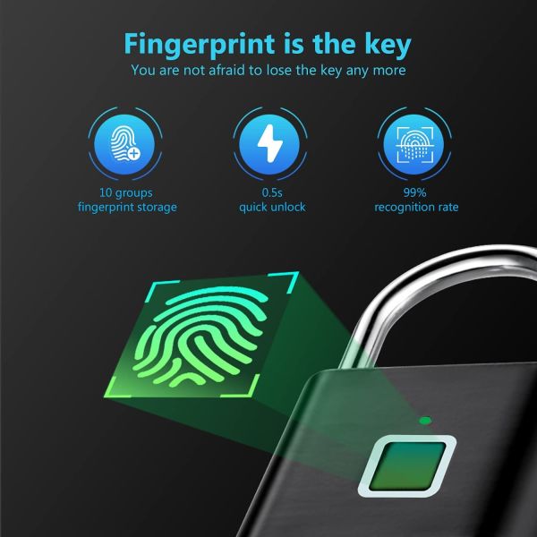 Black Silver Color Smart Fingerprint Padlock Waterproof Keyless Thumbprint For Locker Gym