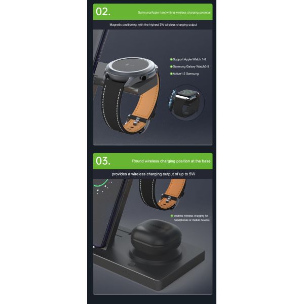 Foldable Wireless Charging Station for Smartphones Earbuds Watches 3W Watch Charging 15W Phone Output Custom
