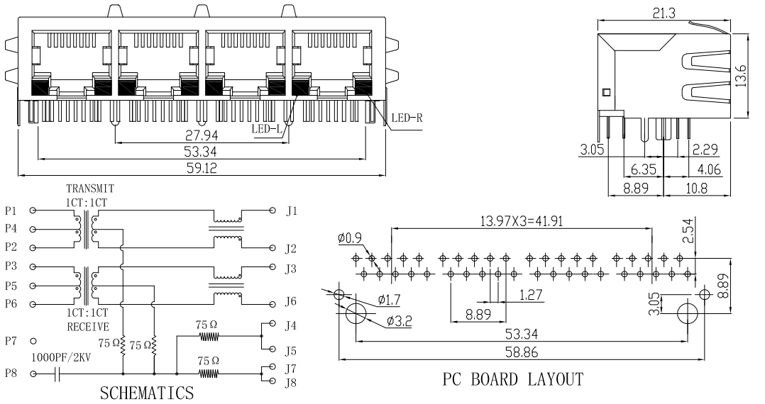 1 * 4 Port RJ45 Connector Transformer 100Base - T Shielded For IP Phone / X DSL Modem