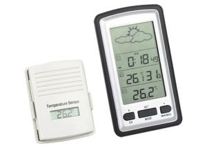 China Wireless Weather Station Digital LCD Home Thermometer In/Outdoor Temperature Meter Alarm Clock With Remote Sensor Green on sale