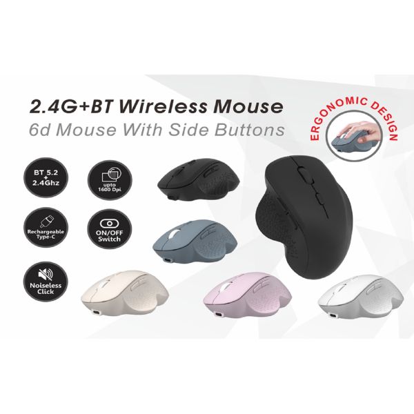 6D Mouse With Side Buttons,2.4G,Bluetooth 5.2,Ergonomic Design,Up to 1600 DPI,Noiseless Click,for office workers,designers,gamers