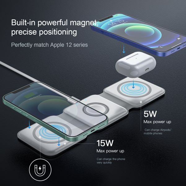 15W Qi Compatible Portable 3 In 1 Wireless Charging Pad With Over Voltage Protection - Black/White