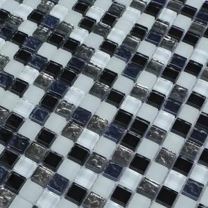 Best 300x300mm mosaic glass tile sheets,glass mosaic bathroom tiles,black &grey & blue color mixed wholesale