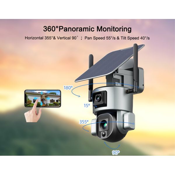 Dual Lens Continuous Recording Security Camera 10X Zoom 4K Solar Camera