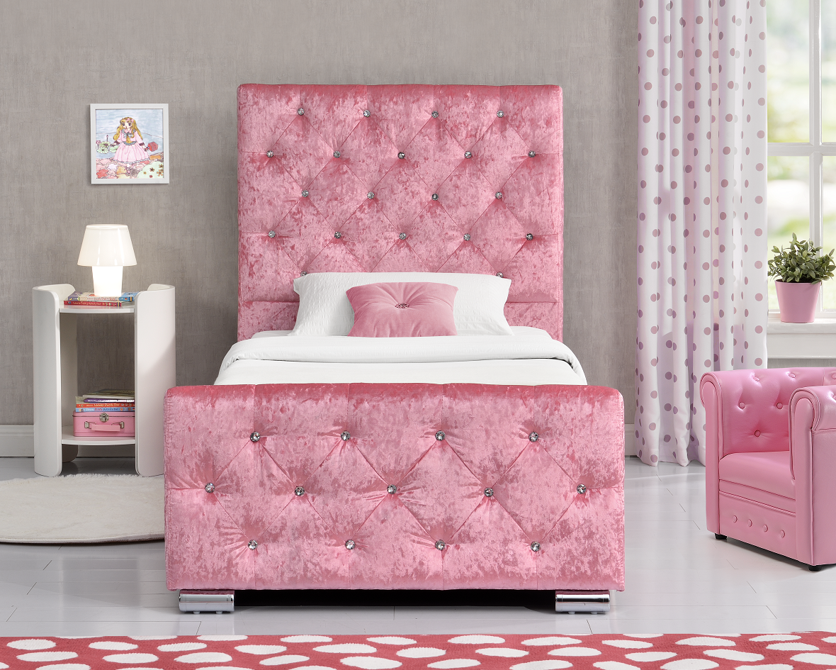 Cute Children Upholstered Storage Platform Bed Frame Single Size With Crushed Velvet