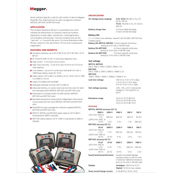 Megger MIT1025-UK Insulation Tester With Output, 20 Teraohms Resistance , 10kV Multi-Range Test Voltage
