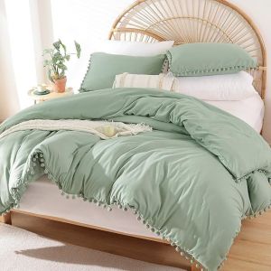 China Sage Green Bohemian Microfiber Comforter Set with Pom Fringe on sale