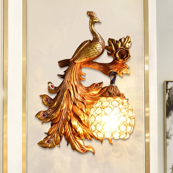 Vintage Creative Art Deco Peacock Resin Wall Lamp Gold Vanity Luxury Bedroom Wall Light(WH-VR-62)