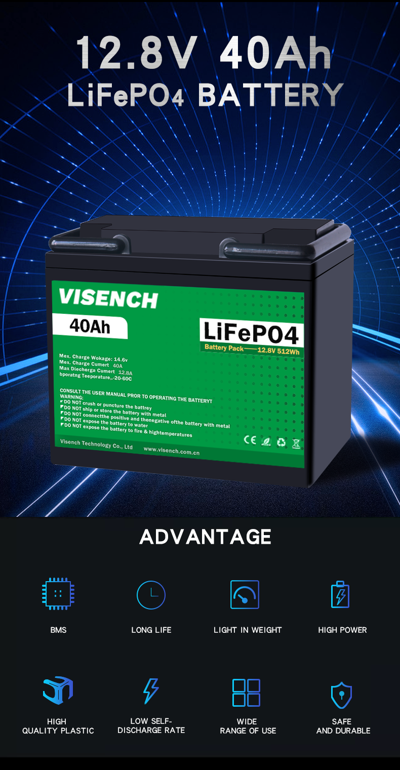 Visench Prismatic 12V 12.8V 40Ah Deep Cycles Rechargeable Solar Storage Energy System Lithium Ion Lifepo4 Battery Pack